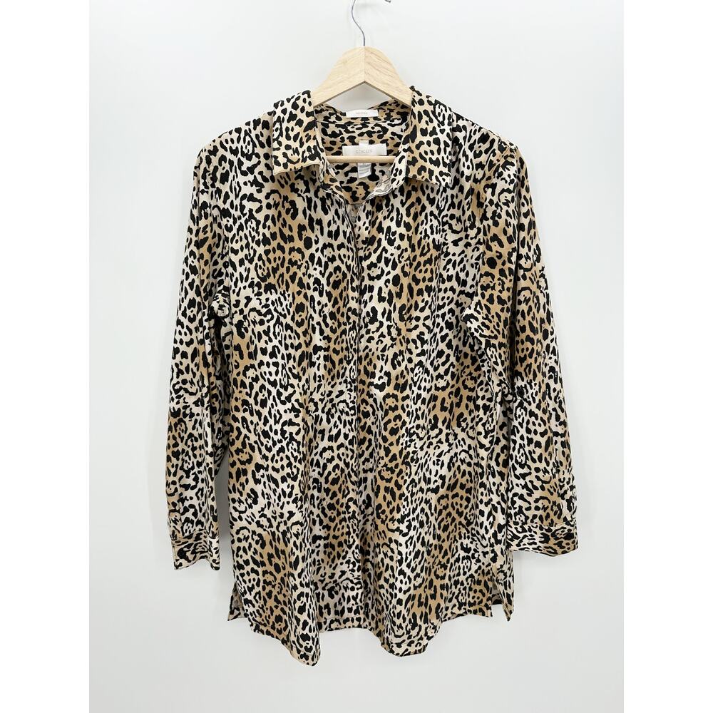Chico's No-Iron Leopard Print‎ Button Down Tunic Shirt Women 2 Large Brown Top